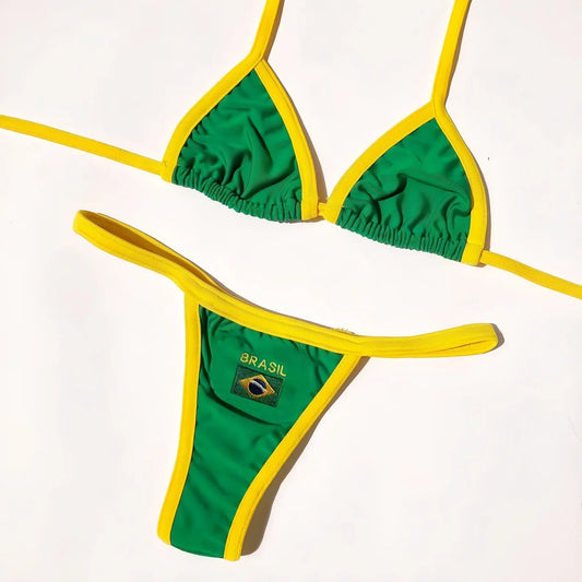 Bikini Brésilien Sexy – Drapeau & Broderie Contrastée